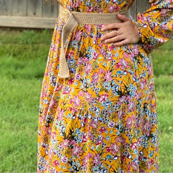 Dresses & Skirts - Floral Elastic-Waist Maxi Dress in Mustard Yellow L/XL